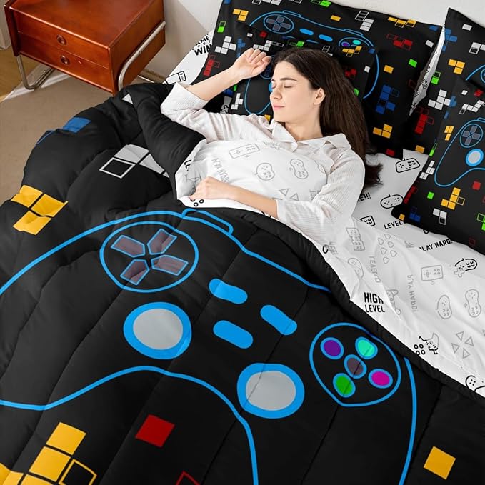 Cartoon Gamepad 7Pcs Comforter Set King Size,Miner Video Games Bedding Set,Kids Boys Girls Room Decor,Colorful Pixelated Geometric Bed in a Bag Black Reversible Gamer Flat Fitted Sheet,2 Pillowcases