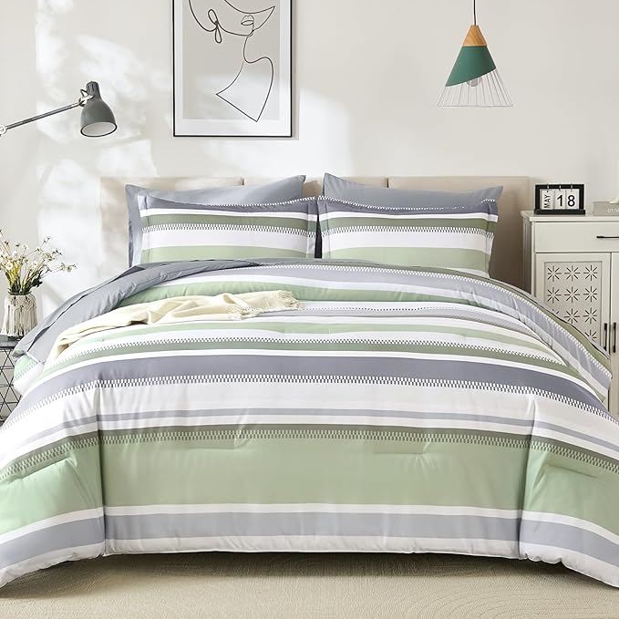 WONGS BEDDING Sage Green Comforter King Size Set, 7 Pieces Bed in a Bag Sage Green and Grey Comforter Set, Soft Boho Striped Bedding Sets with Sheets, Pillowcases & Shams