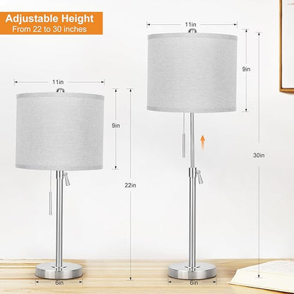 Table Lamps for Bedrooms Set of 2, 22" to 30" Height Adjustable Nightstand Lamps with Linen Shade, Pull Chain Switch Lamps for Living Room, 3 Way Dimmable Beside Lamp