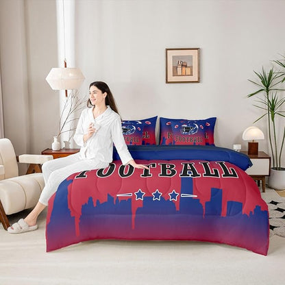 Erosebridal Football City 7 Piece Bedding Set Sports Ball Games Bed in A Bag American Rugby Comforter Set with Sheets King Size for Kids Teen Adults,City Theme Ball Competitive Games Bed Set