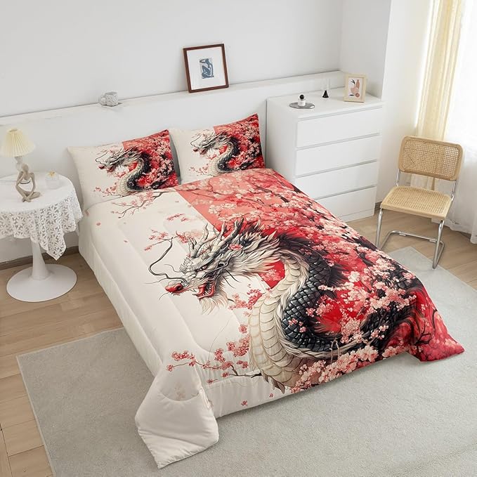 Erosebridal Girls Dragon Comforter Set King Size, Japanese Style Animal Down Comforter Cherry Blossoms Sakura Bedding Set Ancient Wildlife Quilt for Kids Teens Adult Women Bedroom Decor, Pink
