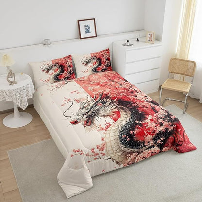 Erosebridal Girls Dragon Comforter Set Toddler Size, Japanese Style Animal Down Comforter Cherry Blossoms Sakura Bedding Set Ancient Wildlife Quilt for Kids Teens Adult Women Bedroom Decor, Pink