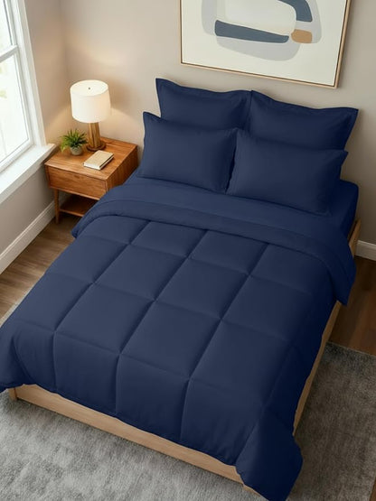 Full Comforter Set - 7 Piece Bed in a Bag Full Size Bed Set - Down Alternative Comforter, Flat Sheet, Fitted Sheet, Pillowcase & Shams for All Seasons - Ultra Soft, Comfy and Breathable - Navy Blue