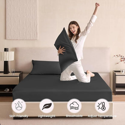 THXSILK 6A+ Top Grade 100% Pure Mulberry Silk King Fitted Sheet 3Pcs Set Bed Sheets Luxury Bedding for Hair and Skin Breathable Cooling Safe Material, 1 Fitted Sheet with 2 Pillowcases, Black