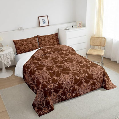 Feelyou Adults Brown Vintage Damask Floral Comforter Set Antique Drawing Classical Paisley Comforter Full Size Gothic Bohemia Boho Floral Bedding Set Hotel Style Duvet Set Quilt Set 3Pcs