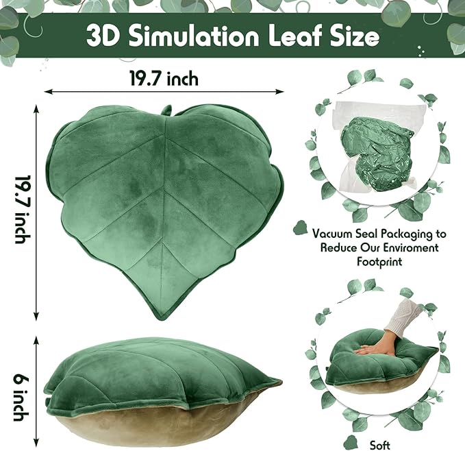 Leaf Shaped Throw Pillow Cushion 20 x 20 Inch 3D Plant Leaf Pillow Cute Decorative Soft Plush Cushion for Plant Lovers Gift Bedroom Sofa Couch Car Living Room Home Decoration Favor, Dark Green