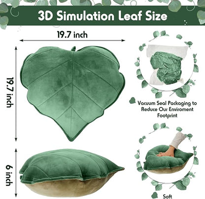 Leaf Shaped Throw Pillow Cushion 20 x 20 Inch 3D Plant Leaf Pillow Cute Decorative Soft Plush Cushion for Plant Lovers Gift Bedroom Sofa Couch Car Living Room Home Decoration Favor, Dark Green