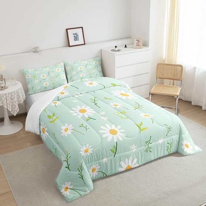 Manfei Cute Flower Comforter Set King Size, Botanical Theme Floral Print Bedding Set 3pcs for Kids Girls Room Decor, Watercolor Daisy Quilt Set Soft Polyester Duvet Set with 2 Pillowcases