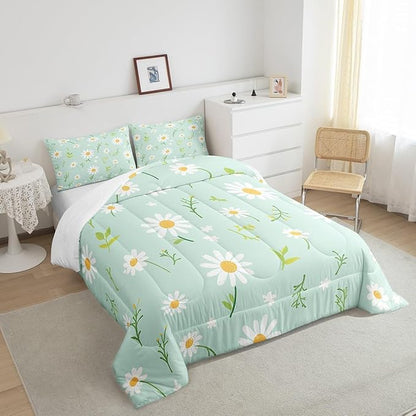 Manfei Cute Flower Comforter Set Queen Size, Botanical Theme Floral Print Bedding Set 3pcs for Kids Girls Room Decor, Watercolor Daisy Quilt Set Soft Polyester Duvet Set with 2 Pillowcases