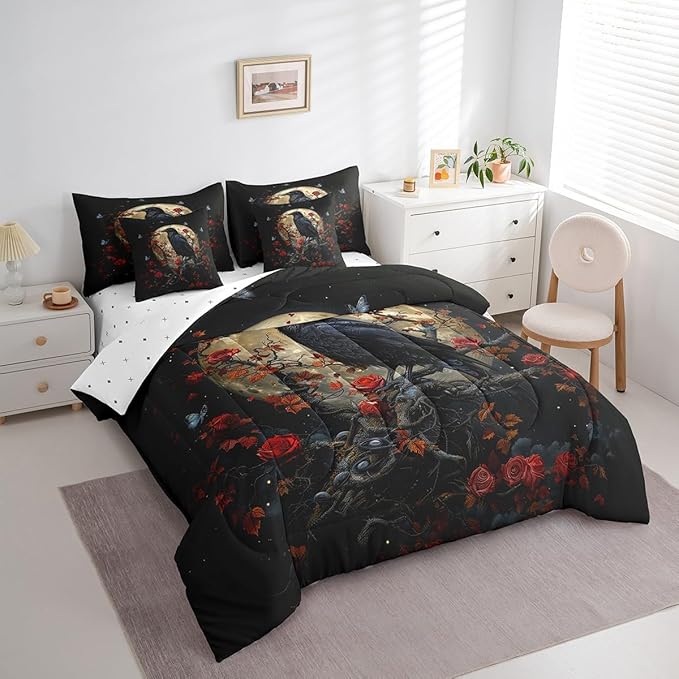 Erosebridal Gothic Red Rose Twin Comforter Set with Sheets,Butterfly Flowers 7 Piece Bedding Set Crow Halloween Decorations for Bedroom,Goth Moon and Floral Bed in a Bag with Pillowcases & Shams