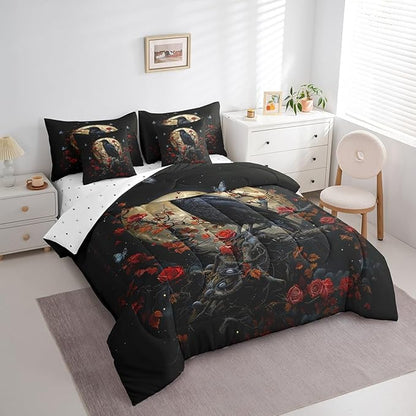 Erosebridal Gothic Red Rose King Comforter Set with Sheets,Butterfly Flower 7 Piece Bedding Set Crow Halloween Decorations for Bedroom,Goth Moon and Floral Bed in a Bag with Pillowcases & Shams