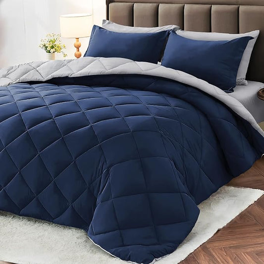 MUXHOMO 7 Pieces Queen Comforter Set, Reversible Bed in a Bag Queen Size, All Season Bedding Set with Comforter, Flat Sheet, Fitted Sheet, Pillowcases & Shams, Navy & Light Grey