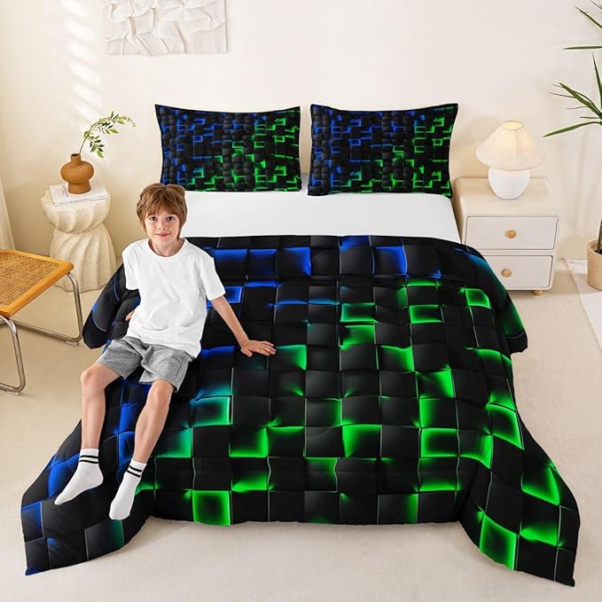 Erosebridal Geometric Checkered Comforter Set Twin Neon Blue Green Bedding Set for Kids Boys Teen Gamer Room Decor,Abstract Ombre Plaid Comforter Grids Quilt Duvet Black