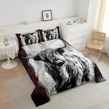 Erosebridal Highland Cow Comforter Set King,Bull Cattle Bedding Set,Gold Grey Marble Duvet Insert for Kids Boys Men,Wildlife Farmhouse Cow Fur Down Comforter with 2 Pillowcases Home Room Decor
