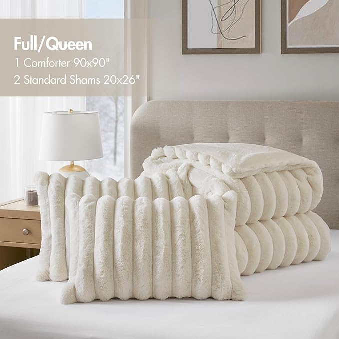 Madison Park Jasmine Queen Comforter Set, Luxurious Reversible Faux Fur Plush Ribbed Velvet Bedding, Fuzzy Thick Warm Winter Comforter, Super Soft Fluffy 3-Piece Set Ivory