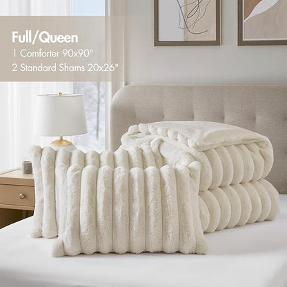 Madison Park Jasmine Queen Comforter Set, Luxurious Reversible Faux Fur Plush Ribbed Velvet Bedding, Fuzzy Thick Warm Winter Comforter, Super Soft Fluffy 3-Piece Set Ivory