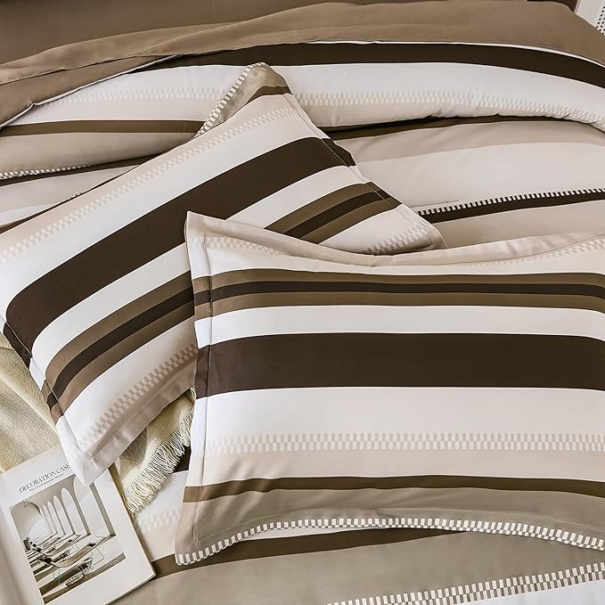 WONGS BEDDING Comforter Queen Size, Brown 7 Pieces Comforter for Queen Bed Striped Bed in a Bag Soft Bedding Comforter Set for All Season(90"×90")