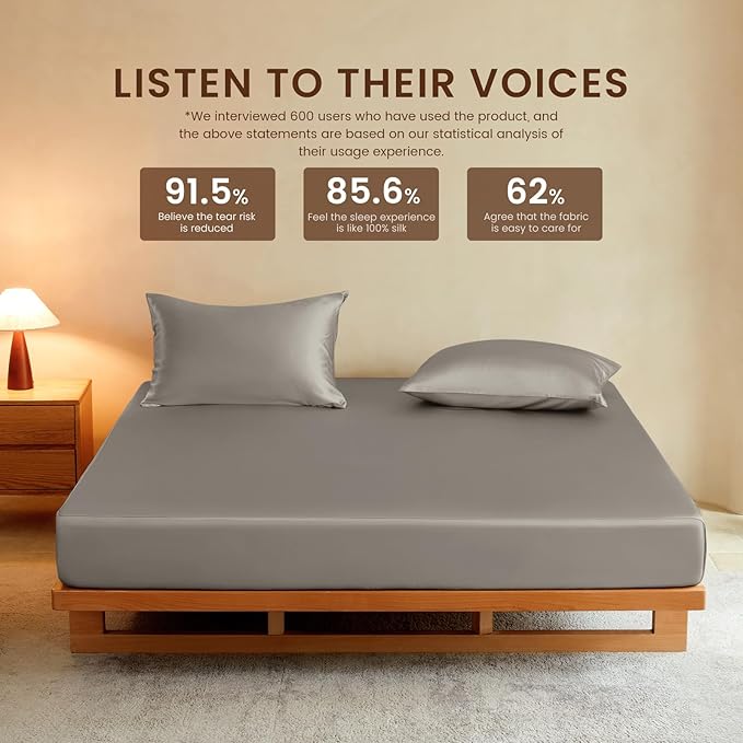 THXSILK Luxury Mulberry Silk Fitted Sheet Set 3 Pcs, Queen Silk Bed Sheet Set with 16" Deep Pockets, Soft & Cooling Sheets, 1 Fitted Sheet, 2 Pillowcases with Zipper Closure - Grey