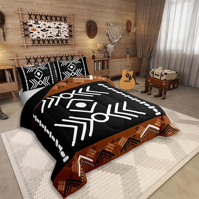 Western Aztec Bedding Set Toddler Size, Native American Navajo Comforter Set for Boys Adult Teens, Southwestern Geometric Duvet Insert Ethnic American Native Quilt Rustic Farmhouse Decor, Black Brown