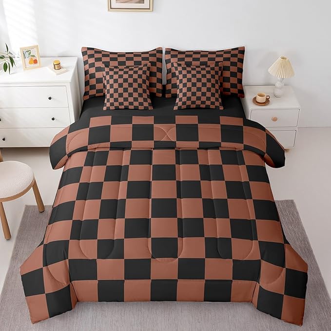 Feelyou Checkered 7 Piece Bedding Set Teen Brown Black Plaid Comforter Set with Sheets Full Size Kids Boys Cute Retro Neutral Checkerboard Geometric Bed in a Bag Vintage Aesthetic Room Decor
