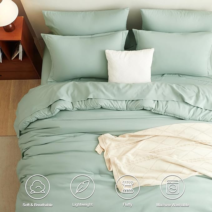 CozyLux Queen Comforter Set 7 Pieces Bed in a Bag Queen, Sage Green Bedding Comforter Set with Sheets All Season, 7PC Bed Sets with Comforter, Fitted Sheets, Flat Sheets, Pillow Shams and Pillowcases