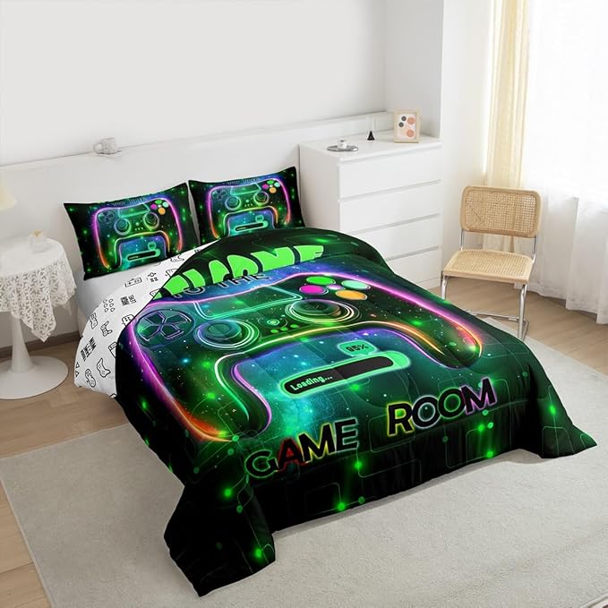 jejeloiu Cool Gamer Bedding Set Toddle Size for Boys 3D Gaming Comforter Set Kids Teens Bright Green Duvet Set Modern Game Console Quilt Set 2Pcs