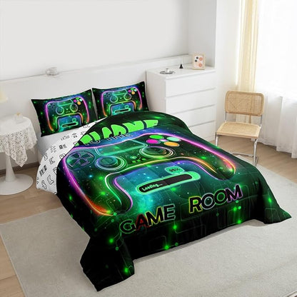 jejeloiu Cool Gamer Bedding Set Full Size for Boys 3D Gaming Comforter Set Kids Teens Bright Green Duvet Set Modern Game Console Quilt Set 3Pcs