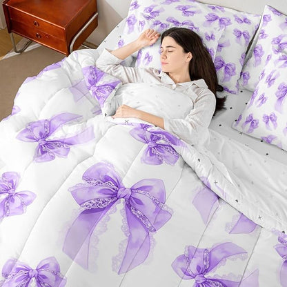 Erosebridal Purple Kids Girls Bowknot Bow King 7-Piece Comforter Set | Lace Princess Sheets and Pillowcases Dreamy Bed in A Bag Kawaii Cute Bed Sets