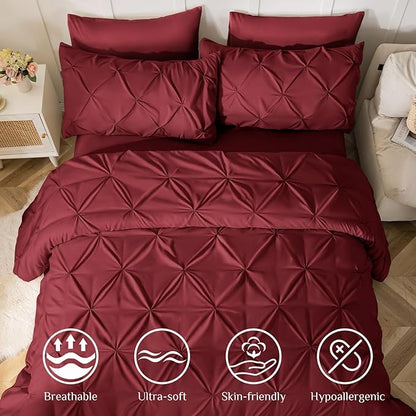 JOLLYVOGUE California King Comforter Set 7 Pieces - Bed in a Bag Cal King for All Season, Pintuck Bedding Comforter Sets with Comforter, Flat Sheet, Fitted Sheet and Pillowcases & Shams, Burgundy