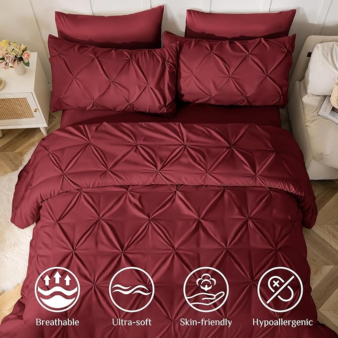 JOLLYVOGUE Full Size Comforter Sets 7 Pieces - Bed in a Bag Full for All Season, Pintuck Bedding Comforter Sets with Comforter, Flat Sheet, Fitted Sheet and Pillowcases & Shams, Burgundy