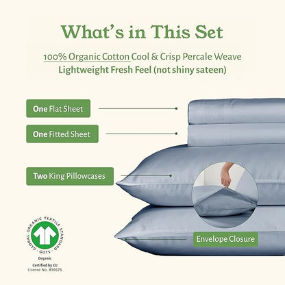 California Design Den 100% Organic Cotton Sheets King - Cool and Crisp Percale Sheets King Size Set with Deep Pockets, Durable Bedding Set - Blue Hydrangea