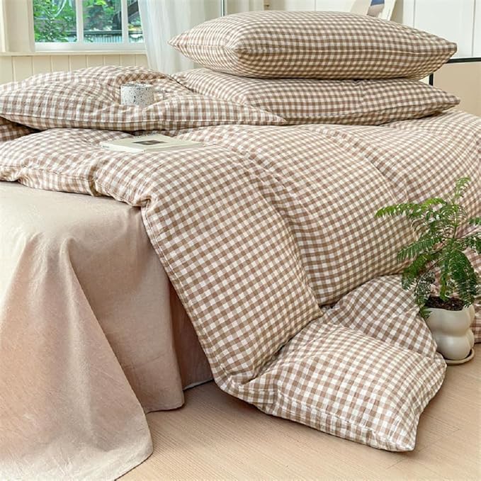 Nayoroom Brown Gingham Comforter Set Queen Size Tan White Plaid Checkered Comforter 3 Pieces Soft Lightweight Grid Dorm Bedding Set for All Seasons