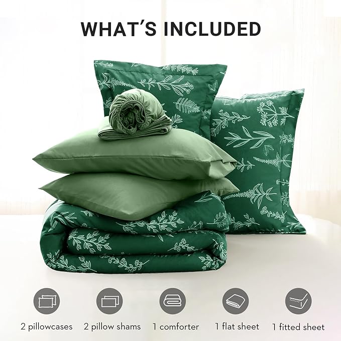 MUXHOMO Emerald Green Bed in a Bag King 7 Pieces, King Comforter Set Reversible Botanical Flowers Design, Ultra Soft & Breathable Bedding Sets with Comforter, Sheets, Pillowcases & Shams