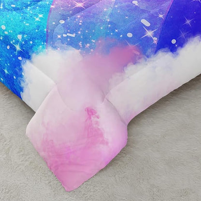 Rainbow King Size Comforter Set for Girls Kids Women,Colorful Galaxy Microfiber 3 Piece Bedding Set,All Season Down Alternative Bedding with Matching Sham(Violet Star)
