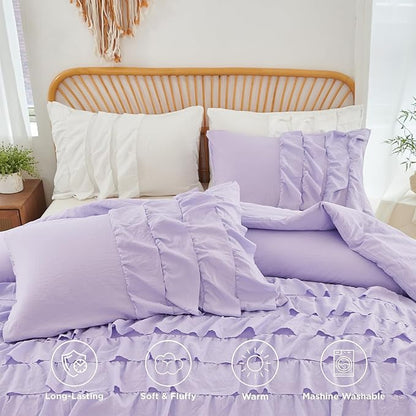 PERFEMET Lavender Comforter Set Queen Size, 3 Pieces Multi Layers Ruffle Bedding Set for Girls Kids, Washed Microfiber Princess Bed Set, Farmhouse Boho Preppy Bedding Set (Purple,Queen)