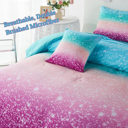 PERFEMET 6Pcs Teal Purple Comforter Set Twin Size, Tie Dye Rainbow Glitter Bed in A Bag, Gradient Pastel Ombre Sparkle Bedding Set for Kids Teens Girls (Blue Teal Purple, Twin)