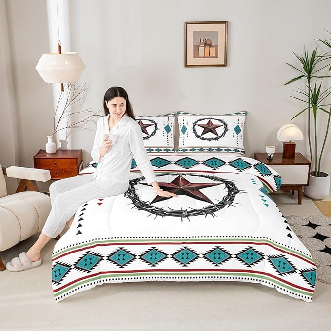Erosebridal Western Decor Queen Comforter Set Boho Aztec Bedding Set for Kids Teens Adult Bedroom, Southwestern Texas Star Bedding Comforter Sets Exotic Tribal Geometric Quilt with 2 Pillow Cases