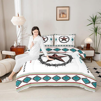 Erosebridal Western Decor Twin Comforter Set Boho Aztec Bedding Set for Kids Teens Adult Bedroom, Southwestern Texas Star Bedding Comforter Sets Exotic Tribal Geometric Quilt with 1 Pillow Case