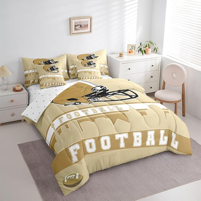 Erosebridal Football 7 Pcs Comforter Set Full Football Fans Bedding for Men Football City Sheet Set Bed in A Bag Yellow Rugby Competition Room Decor Sports Ball Game Quilt