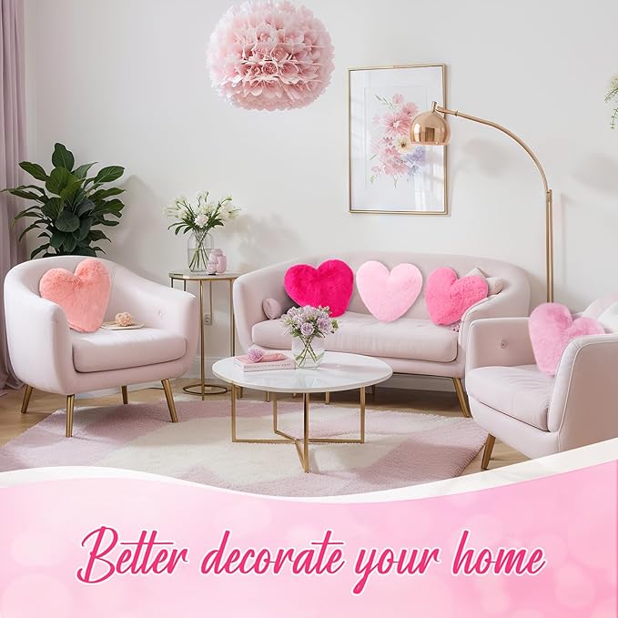 9 Pcs Pink Series Heart Pillow Faux Rabbit Fur Fluffy Love Heart Throw Pillows Cute Decorative Soft Throw Cushion Gift for Women Couch Bed Sofa Chair Home 11 in