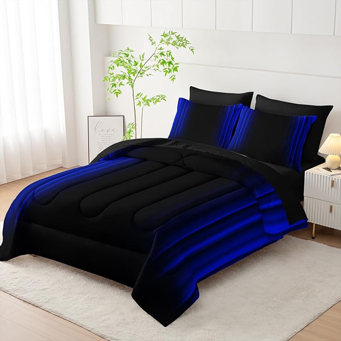 Blue and Black Bedding Set King Size Abstract Ombre Comforter Set Bedding Set 7 Piece in A Bag,Dark Quilt Set Mordern Art Decor All Seasons with Pillowcases,Flat, Fitted Sheet