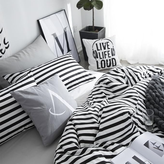 CLOTHKNOW Striped King Size Comforter Set Black and White Bedding Comforter Sets Soft Farmhouse Ticking Comforter with 2 x Pillow Cases