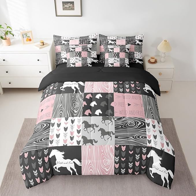 Erosebridal Girls Unicorn 7 Piece Comforter Set Queen Girly White Horse Bedding Western Cowboy Cowgirls Quilt Buffalo Plaid Duvet Insert Arrow Stripes Wild Animal Sheets Bedroom Decor,Pink Black