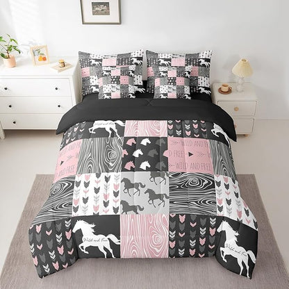 Erosebridal Girls Unicorn 7 Piece Comforter Set Queen Girly White Horse Bedding Western Cowboy Cowgirls Quilt Buffalo Plaid Duvet Insert Arrow Stripes Wild Animal Sheets Bedroom Decor,Pink Black