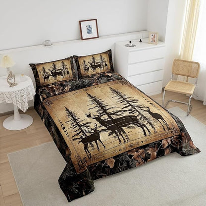 Erosebridal Camo Deer Queen Comforter Set for Kids Boys Teen,Tree Branches Camouflage Hunting Bedding Set Woodland Animal Quilt Comforter Retro Pine Tree Wildlife Quilt Set 3 Pcs Bedroom Decor