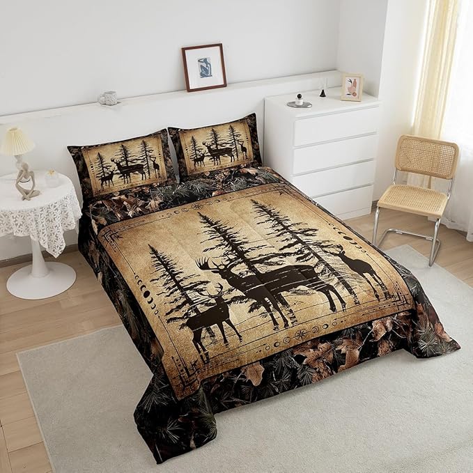 Erosebridal Camo Deer Twin Comforter Set for Kids Boys Teen,Tree Branches Camouflage Hunting Bedding Set Woodland Animal Quilt Comforter Retro Pine Tree Wildlife Quilt Set 2 Pcs Bedroom Decor