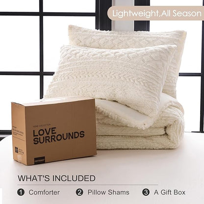 COTTEBED Fluffy Warm Sherpa Comforter Set Twin Bed, Boho Tufted Ultra-Soft Thick Twin XL Size Shabby Plush Bedding Down Comforter Sets for Boy Girl Child College Dorm Winter Christmas, Off White Ivory