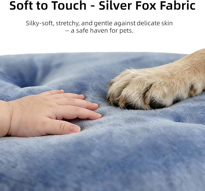 Washable Large Dog Bed for Medium & Large Breeds, Non-Slip Bottom & Plush Faux Silver Fox Fur Oval Cushion Pad for Big Dogs, Soft Mat for Crates, Mist Blue, 41x27 Inch