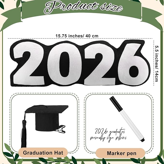 Class of 2026 Autograph Stuffed Pillow 15.7" Graduation Autograph Stuffed Pillow Graduation Guest Signature Gifts Grad Party Sign in Decor for High School College(Black,Classic)