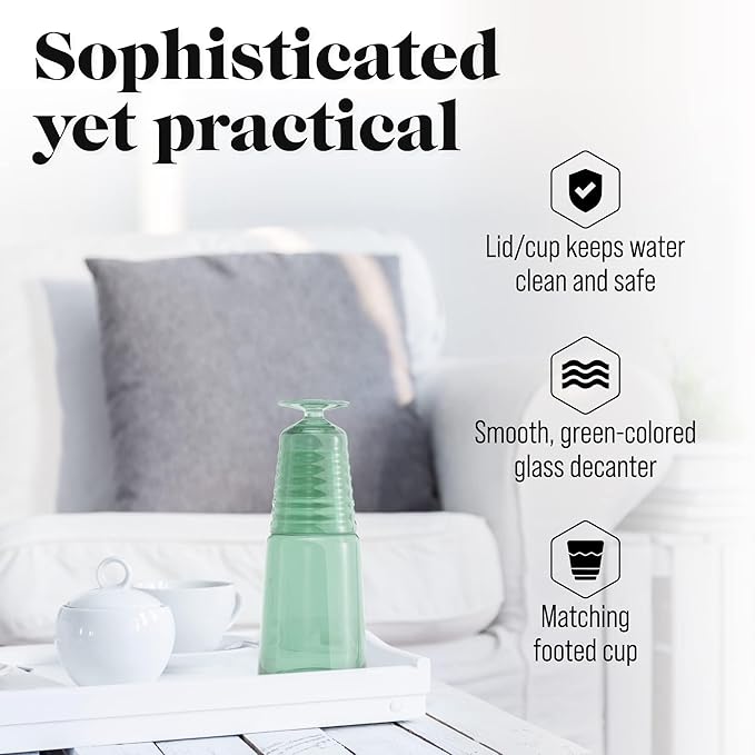 American Atelier Bedside Water Carafe with Tumbler | Pitcher and Footed Drinking Glass | Use Cup as Lid for Carafe | For Guest Room, Nightstand, Office, or Gift | American Atelier 32 Oz (Green)